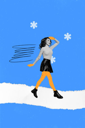 Collage 3d image of pinup retro sketch of lovely funny female walk snowy weather blue white new year atmosphere christmas celebration x-masの写真素材