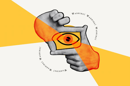 Composite creative illustration photo collage of fingers show frame on eye warning about virus...