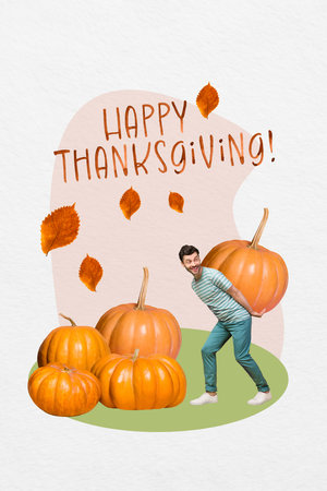 Creative collage invitation postcard template of guy prepare for thanksgiving party carry big pumpkinsの写真素材