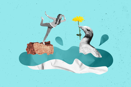 Collage of funny look for adventures girl fairy tale found her prince like goose in river hold yellow daisy isolated over blue backgroundの写真素材