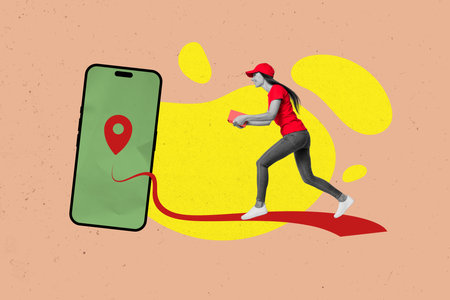 Collage of mini black white colors courier girl hold shipment run big smart phone display delivery location mark isolated on beige backgroundの写真素材