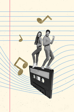 Artwork magazine collage picture of funky funny lady guy enjoying cassette music isolated drawing...
