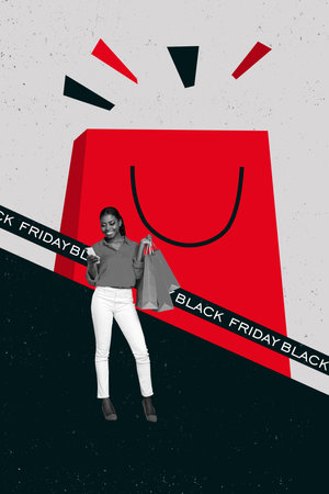 Vertical template collage of young optimistic fashionista girl bring much bags black friday concept brochure isolated on gray backgroundの写真素材