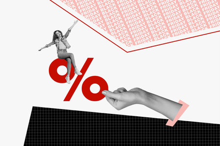 Creative poster offer collage of percent symbol of girl hands up retail market price commerce black...