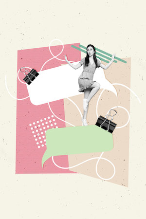 Collage magazine poster of charming funky lady dance have fun say tell announce news isolated on painted backgroundの写真素材