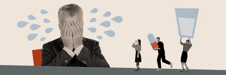Image sketch collage of sad disappointed man hands cover face cry suffering depression and isolated...