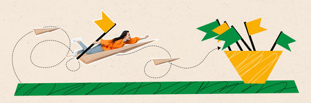 Abstract panorama creative artwork composite photo collage of positive woman hold flag fly on paper...