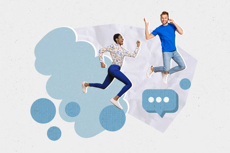 Collage picture of two excited cheerful people jump run speak telephone dialogue bubble isolated on drawing backgroundの写真素材