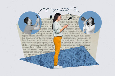 Poster picture collage of happy people chatting modern technology device share news sms isolated on drawing backgroundの写真素材