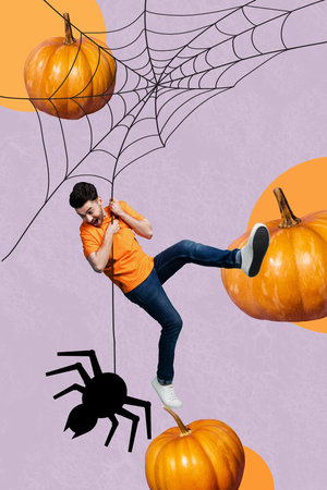 Vertical collage picture of amazed horrified crazy mini guy hold hang big spider web pumpkins isolated on purple backgroundの写真素材