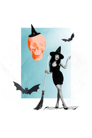 Vertical composite creative photo collage of happy witch hold broomstick prepare for halloween night isolated on painted backgroundの写真素材