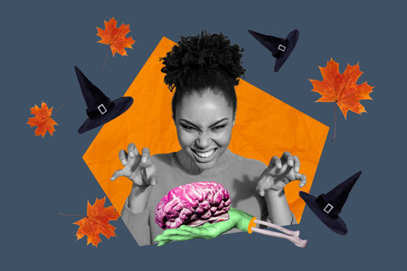 Artwork collage of mysterious conjurer black white colors girl hands scare dead human brain hat maple leaves isolated on dark backgroundの写真素材