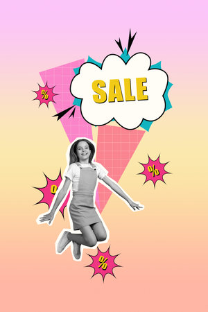 Photo collage illustration artwork of positive jumping energetic kid girl big sale percent low price promo isolated on pink backgroundの写真素材