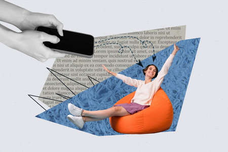 Photo collage picture of smiling cheerful girl sitting bean bag chatting writing sms letter isolated on drawing backgroundの写真素材