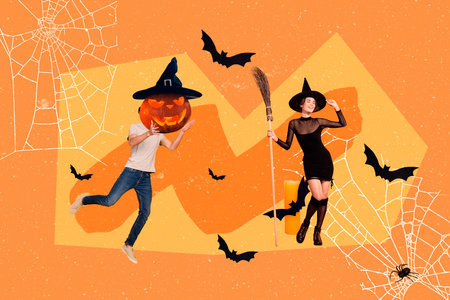 Creative collage image of conjurer girl hold broom stick guy carved pumpkin flying bats isolated on painted orange backgroundの写真素材