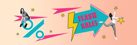Horizontal illustration collage flash sale advertisement promo percent huge discount comics prices falling isolated on pink backgroundの写真素材