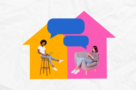 Collage pop sketch image of smiling ladies chatting device empty space isolated white color...