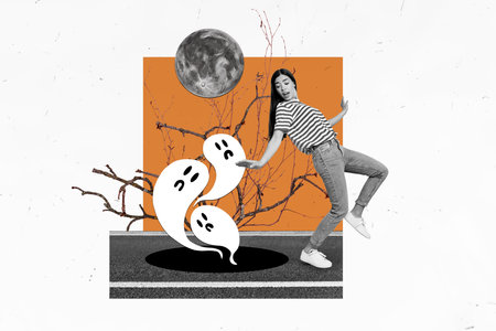 Composite creative photo abstract 3d collage of frightened woman stand near paranormal hole in earth isolated on drawing backgroundの写真素材
