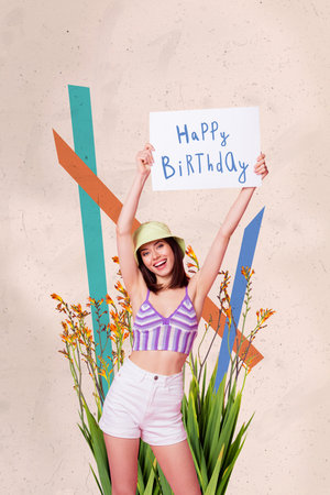 Vertical creative composite photo collage of adorable girl hold placard over head celebrate happy birthday isolated on painted backgroundの写真素材