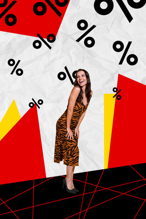 Creative abstract graphics collage image of cheerful positive lady enjoying black friday sale isolated colorful backgroundの写真素材