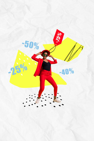 Collage glamour nonbinary person wear red elegant stylish expensive suit for low price label party outfit sale isolated on white backgroundの写真素材