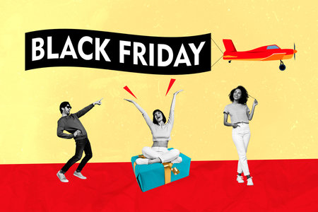 Collage of three people looking excited at flying plane with black friday banner buy faster exclusive goods isolated on yellow backgroundの写真素材
