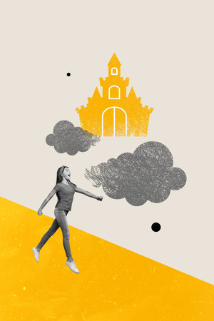 Vertical collage of astonished excited black white colors girl painted castle sky clouds isolated on creative backgroundの写真素材