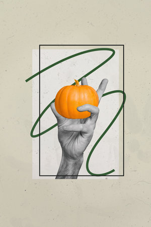 Vertical creative collage image of hand holding pumpkin decoration doodle drawing halloween party magazine sketch surrealism bannerの写真素材