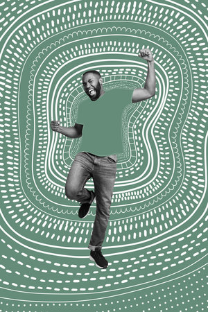 Collage picture image of overjoyed joyful guy celebrate rejoice cool party isolated on painted green color backgroundの写真素材