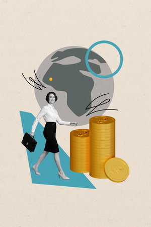 Vertical collage of mini black white effect confident girl walk big pile stack money coins world globe isolated on creative backgroundの写真素材