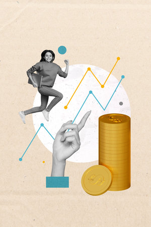Vertical creative collage image of jumping excited happy young female teenager golden coins financier investing plan data tradingの写真素材