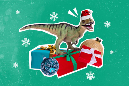 Photo collage artwork picture of christmas presents toy pile stack isolated green color backgroundの写真素材