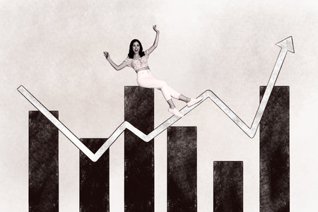Picture magazine collage of happy successful lady achieving financial success concept isolated on drawing backgroundの写真素材