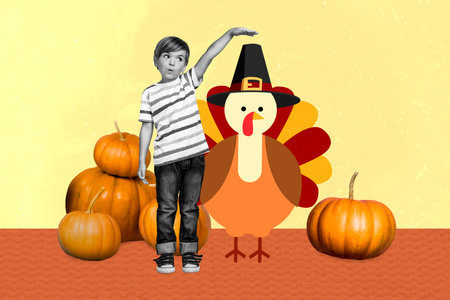 Collage image of black white effect boy arm measure size painted turkey hat thanksgiving pumpkin isolated on creative backgroundの写真素材