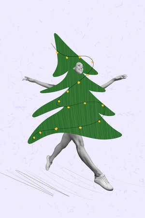 Vertical collage image of excited carefree black white effect girl inside new year tree costume run jump isolated on creative backgroundの写真素材