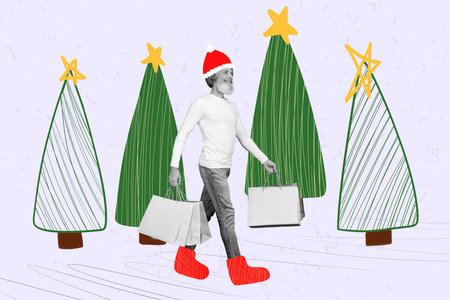 Artwork collage picture of black white colors grandfather hold store mall bags walk new year evergreen trees isolated on creative backgroundの写真素材