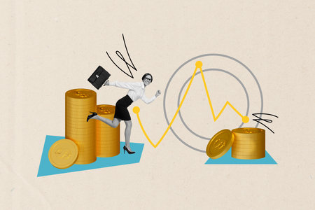 Artwork creative poster collage of run ambitious businesswoman holding diplomat case receive crypto her wallet isolated on gray backgroundの写真素材