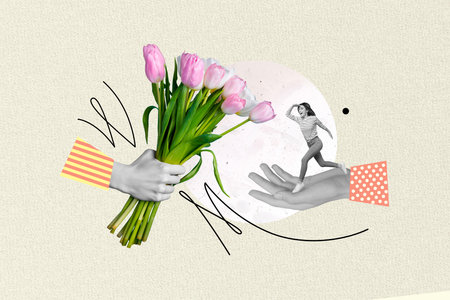 Creative composite photo collage of happy lovely girl run on hand receive tulips bouquet on valentine day isolated on drawing backgroundの写真素材