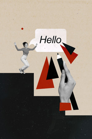 Vertical creative composite photo of friendly beautiful girl texting greetings messages hand hold pencil isolated on drawing backgroundの写真素材