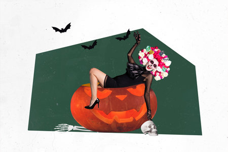 Collage image of funny scary witch woman on huge pumpkin celebrate halloween night isolated abstract drawing backgroundの写真素材