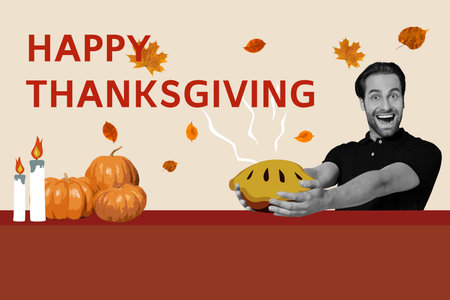 Creative collage of impressed cheerful black white colors guy arms hold pumpkin pie candle light happy thanksgiving postcardの写真素材