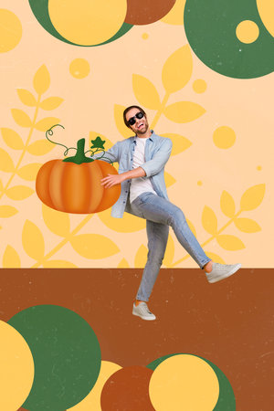 Vertical collage picture of excited positive guy dancing hands hold pumpkin harvest isolated on painted beige backgroundの写真素材