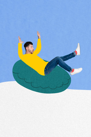 Composite collage picture image of funny male have fun scream tube slope fast park outside happy merry christmas new year theme x-masの写真素材