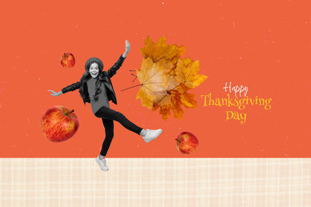 Artwork collage of excited positive mini black white colors girl dancing have fun apple fruit fallen leaves happy thanksgiving day placardの写真素材