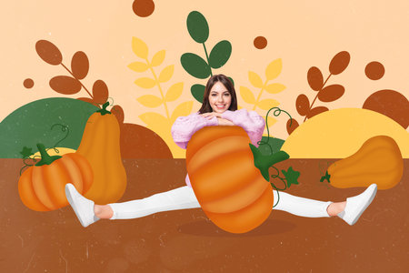 Creative collage picture of cheerful girl split legs big pumpkin painted plant leaves isolated on beige backgroundの写真素材