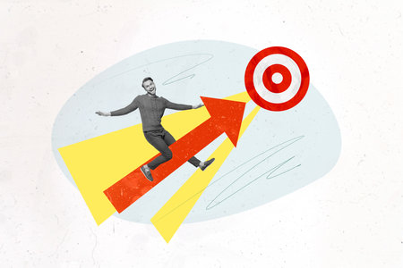 Photo cartoon comics sketch collage picture of purposeful excited guy flying arrow aim isolated...