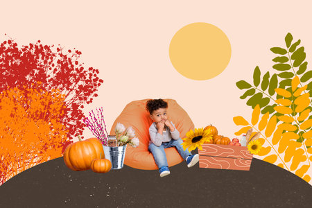 Artwork collage image of cute boy sit beanbag plant leaves bush pumpkin flowers break milk box sun light isolated on beige backgroundの写真素材