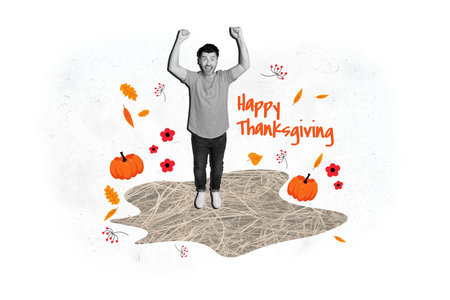 Sketch collage poster of cheerful overjoyed man celebrating harvest feats happy thanksgiving day isolated on white drawing backgroundの写真素材