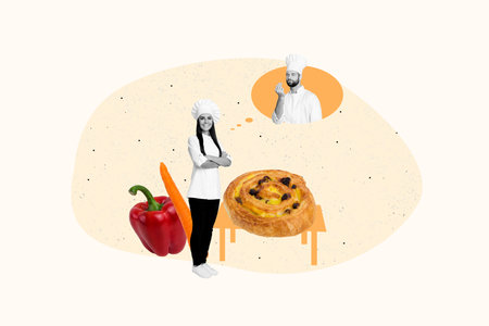 Image collage of two people confident chef cooking holiday dinner breakfast isolated on drawing backgroundの写真素材