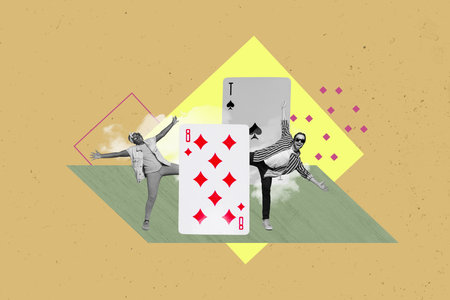 Collage picture of two excited mini black white colors people dancing big poker cards isolated on...
